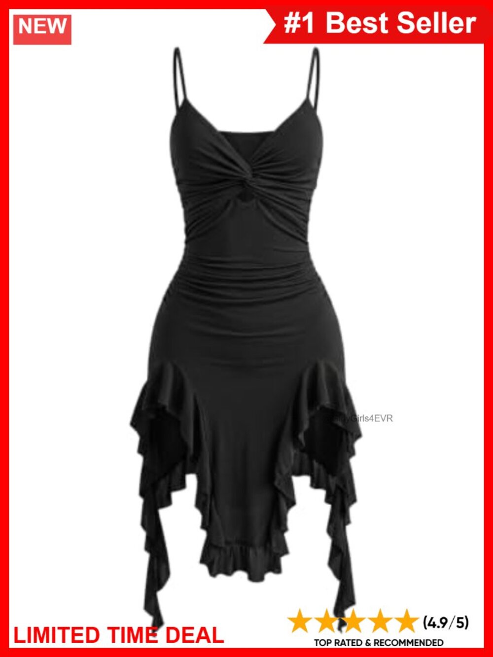 Womens Ruffle Midi Dress Twist Front Ruched Asymmetrical Bodycon Sleeveless